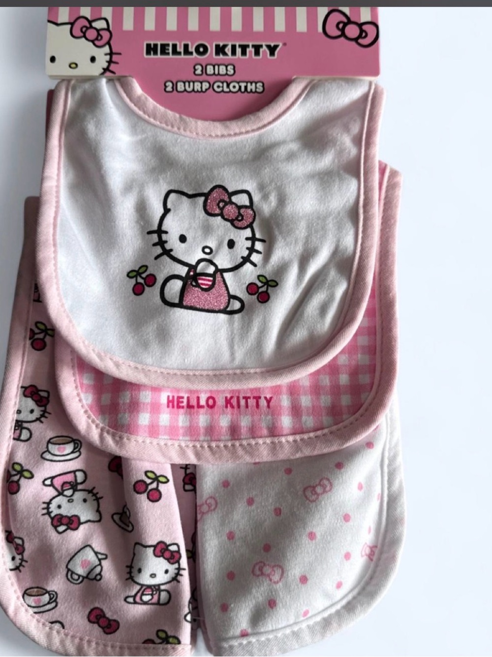 Hello Kitty Pink and White Baby Bib Set with Burp Cloths